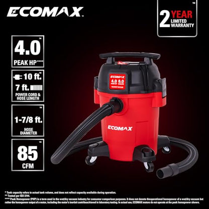 ECOMAX Ultra Quiet Shop Vacuum Wet and Dry 6 Gal 4 HP | 80% Less Noise, 3X Longer Motor Lifespan, Powerful Sunction, Portable Shop Vacuum Cleaner for Garage Workshop Jobsite