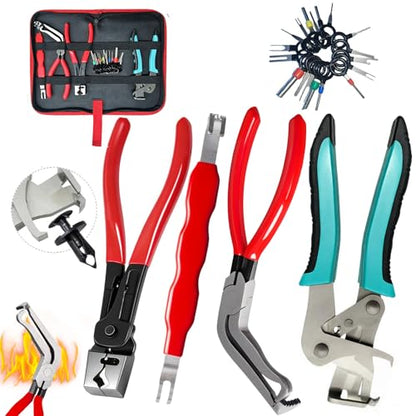 Auto fastener clip removal pliers – Automotive Electrical Tools & Clip removal tool Kit with Hose Clamp Pliers, Wire Terminal Separator, and Car Plug Connector - color: B-red 4pcs