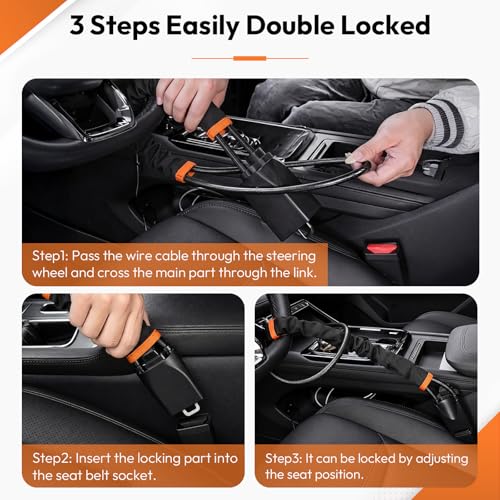Car Steering Wheel Lock, 2PC Car Anti Theft Device, Seat Belt Lock | Thickened Steel Wire, Max 17” Locking Length, Easy Storage, 3 Keys per set, Fits Most Vehicles, Trucks, SUVs, Vans - color: Black and Black