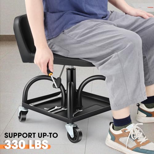 DNA Motoring Rolling Padded Seat Adjustable Height Seat 330lbs Capacity Rolling Mechanic Creeper Stool, W/Tool Storage Drawer & Tray, Black, TOOLS-00600 - style: Square Tray Black