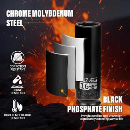 1/2 Inch Drive 16mm Deep Metric 6 Point CR-MO Impact Socket | Radius Corner Design,Square Chamfered Opening,Axle Nut Impact Grade Socket for Easy Removal - size: 1/2” Drive 16mm Deep, style: 1/2" Drive Deep Socket