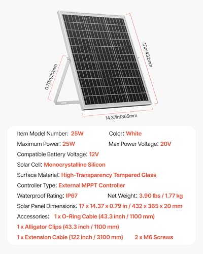 VEVOR 25W 12V Solar Panel Battery Charger, Solar Battery Trickle Charger Maintainer with Intelligent MPPT Controller & Adjustable Mount Bracket, IP67 Waterproof for Car Boat RV Motorcycle Trailer - style: 25W