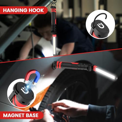 Rechargeable LED Work Light, Magnetic Flashlight Mechanic Light Tool for Men Him, Foldable Lamp with Hook for Car Repair Emergency BBQ Grill (2 Pack) - style: 350 Lumens+600 Lumens