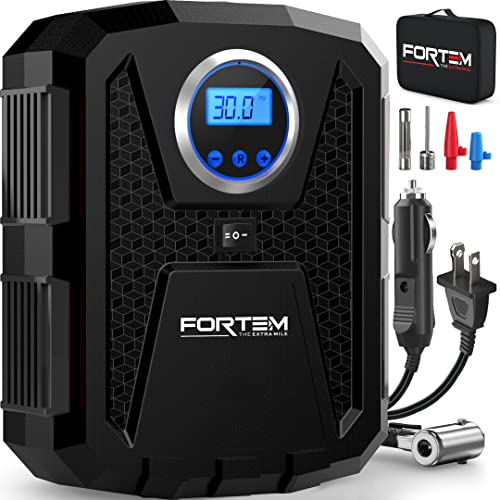 FORTEM Tire Inflator Portable Air Compressor, Air Pump for Car Tires and Bikes, Car Tire Pump w/Auto Shut Off, 150 PSI, 110V AC 12V DC, LED Light, Carrying Case, Perfect For Men, Women - color: Black, size: Large