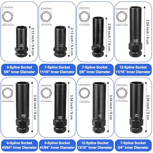 Spline Lug Nut Socket Set - 8 Pieces | Locking Lug Nut Removal Tool Kit, SAE & Metric Wheel Lock Removal Kit for Removal of Aftermarket Spline Drive Wheel Lug Nuts - size: 8 Pieces