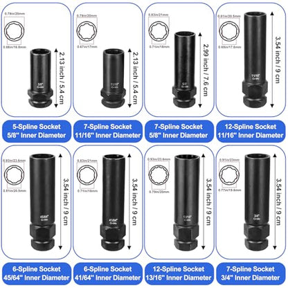Spline Lug Nut Socket Set - 8 Pieces | Locking Lug Nut Removal Tool Kit, SAE & Metric Wheel Lock Removal Kit for Removal of Aftermarket Spline Drive Wheel Lug Nuts - size: 8 Pieces