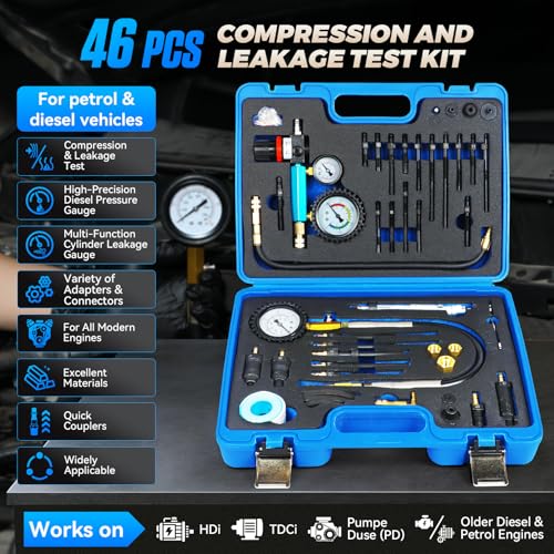 Diesel Compression Tester Kit 47pcs Petrol & Diesel Engine Compression Tester Small Engine Cylinder Leak Down Tester with Compression Gauge, Leak Detector, Gloves, for HDI/TDCi/Pumpe Duse Engine