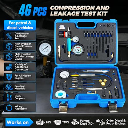 Diesel Compression Tester Kit 47pcs Petrol & Diesel Engine Compression Tester Small Engine Cylinder Leak Down Tester with Compression Gauge, Leak Detector, Gloves, for HDI/TDCi/Pumpe Duse Engine