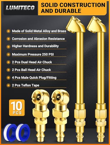 LUMITECO 2 Pack Heavy Duty Air Chuck Set-1/4 Inch Female NPT Closed Ball tire Chuck, Dual Head Air Chuck and Standard Male Quick Plug, Tire Air Fill Kit for Tire Inflator Gauge and Air Compressor