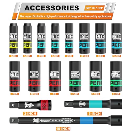 17 Piece 1/2" Drive Impact Socket Set, 3/8" - 1-1/4" Deep Socket, Include 3", 5", 10" Extension Bars, SAE, 6-Point, CR-V Steel, Cars, Motorcycles, Loosen the Fastening Nut - size: 1/2" Large SAE