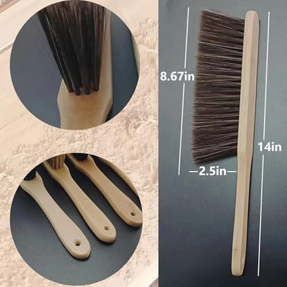 2 Pieces Woooden Dust Brush Hand Broom Bench Brush with Long Wood Handle Whisk Broom Soft Bristle Brush for Counter Bed Sofa Car Fireplace Clothes Household Cleaning (Brown) - color: Brown