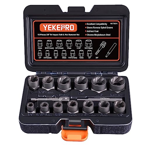 15 PCS Bolt Extractor Set, 3/8" Drive Impact Bolt & Nut Remover Socket Tool Kit, Stripped For Damaged, Frozen, Studs, Rusted, Rounded-Off Bolts, Nuts & Screws, Cr-Mo Steel, T38215 - size: 15-Piece Bolt Extractor Set