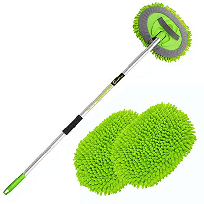 62" Car Wash Brush Mop Kit with Long Handle, 2 in 1 Chenille Microfiber Sponge Mitt Cleaning Detailing Duster for Washing Cars Truck SUV RV Caravans and Household(2 x Mop Head) - color: Green