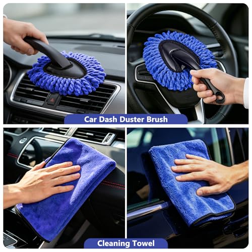 Windshield Cleaning Tool, 13PCS Car Detailing Kit Interior Cleaner, Car Window Cleaner with Extendable Handle, Car Interior Cleaning Kit with Detailing Brushes for Women Men (Blue) - color: blue