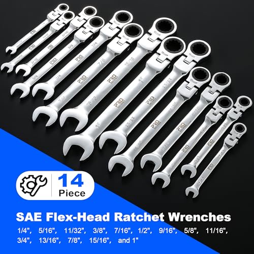 Prostormer 14-Piece SAE Flex-Head Ratcheting Wrench Set | 1/4" to 1", 72-Tooth Ratchet Gear, Cr-V Steel Constructed, Portable Tool Box Included - style: 14-Piece SAE