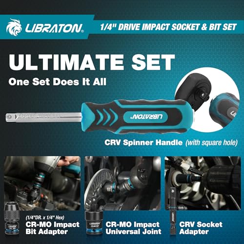 LIBRATON 71PCS 1/4 Impact Socket Set, Complete SAE & Metric Socket & Bit Set, Impact Ready Drive Socket Kit with 90-Tooth Ratchet & Spinner Handle for Drill & Impact Driver, Automotive Repair Tool Kit