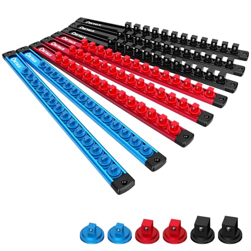8PC Magnetic Socket Organizer Set, for 1/2″ 3/8″ 1/4″ Drive with 3 Black 3 Red 2 Blue Trays, 360° Swivel Removable Clips, Heavy Duty Aluminum Alloy Rail for Tool Box Drawer