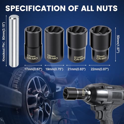 Professional 5-Piece Lug Nut Extractor Set with 1/2-inch Drive, Impact Twist Socket Set,17mm 19mm 21mm 22mm Wheel Lock Removal Tool Kit for Stripped Lug Nut Remover