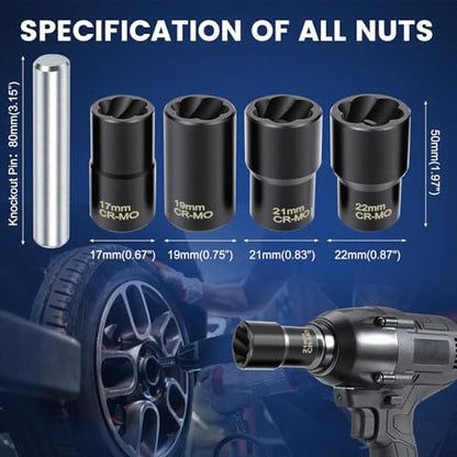 Professional 5-Piece Lug Nut Extractor Set with 1/2-inch Drive, Impact Twist Socket Set,17mm 19mm 21mm 22mm Wheel Lock Removal Tool Kit for Stripped Lug Nut Remover