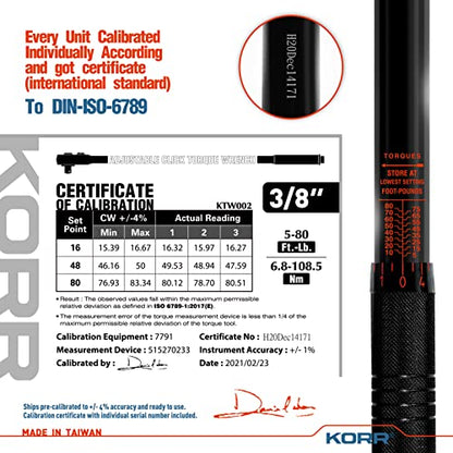 KORR Tools KTW002 3/8-Inch Drive Click Torque Wrench (5-80 ft.-lb.)