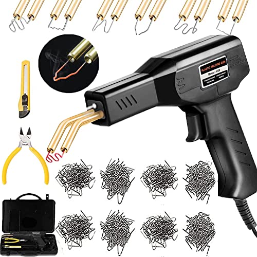 Plastic Welding Machine Car Bumper Repair Kit,Hot Stapler Plastic Repair Welder Soldering Kit,6Types 1050 Staples,Hot Staple Gun Plastic Welder&Flat/Outside Corner/Inside Corner/Wave Staples - color: Black