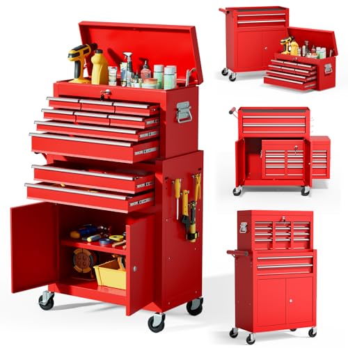 10-Drawer Rolling Tool Chest with Wheels, Lockable Tool Box with Drawers, High-Capacity Mechanic Tool Organizer, Detachable Top Cabinet & Adjustable Shelf for Workshop Garage - color: Red
