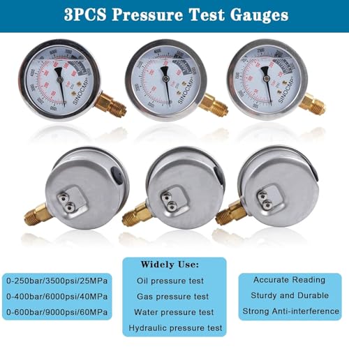 Hydraulic Pressure Test Kit with 3 Gauges 25/40/60 Mpa, 9 Couplings, 3 Test Hoses, Hydraulic Gauge Tester Set for Excavator Construction Machinery - size: Silver 3 gaugs 9 couplings