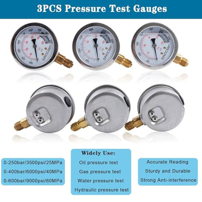 Hydraulic Pressure Test Kit with 3 Gauges 25/40/60 Mpa, 9 Couplings, 3 Test Hoses, Hydraulic Gauge Tester Set for Excavator Construction Machinery - size: Silver 3 gaugs 9 couplings