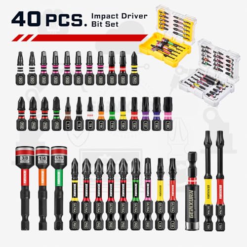 Geinxurn 40Pieces Impact Screwdriver Bits Set, Magnetic S2 Steel Phillips/Square/Torx Insert Power Bits Tips,Impact Bit Holder and Nut Driver with Storage Box Case - style: 40pcs-Yw/Bg