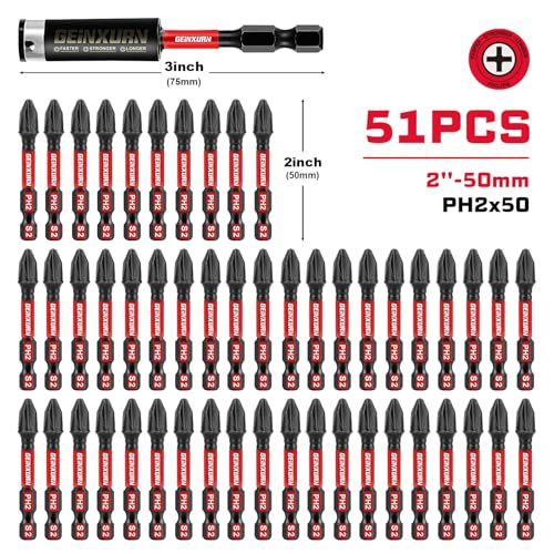 Geinxurn Impact Tough #2 Phillips 2 in. Insert Driver Bits,50Pack PH2 Screwdriver Bits Set with 1Pcs Impact Bit Holder,Bulk - size: 2"-PH2-51PCS