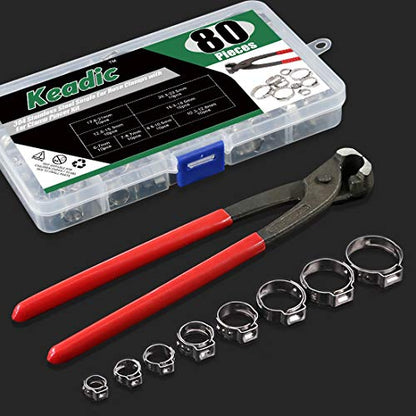 Keadic 81Pcs Single Ear Hose Clamps, 6-23.5mm Stepless Hose Clamps with Ear Clamp Pincer 304 Stainless Steel Ear Clamps Crimp Pinch Tools for Automotive Home Appliance