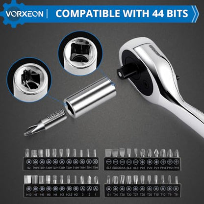 62-Piece 1/4" Drive Sockets with 72-Tooth Ratchet Wrench Set, Metric Sockets 4-14mm, 44 Screwdriver Bits, Universal Joint, Extension Bar, Storage Case - size: 62-PCS 1/4" Socket Ratchet Wrench Set