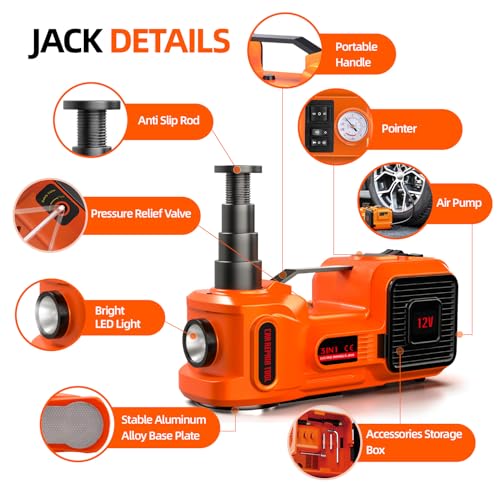 Car Jack Electric Hydraulic Jack 5Ton 155-450mm 3in1 Lift Inflator LED Light 12V Portable Outdoor Home Emergency Tire Change Roadside Rescue Tool - size: 5T-Rocker Switch-Jack+Pump+Light