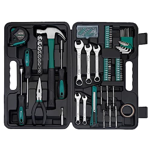 CARTMAN 148-Piece Automotive And Household Tool Set, Green Repair Kit Case | Versatile tool assortment for car maintenance, home repairs, DIY projects, furniture setup, and daily fixes in a molded case. - color: Green