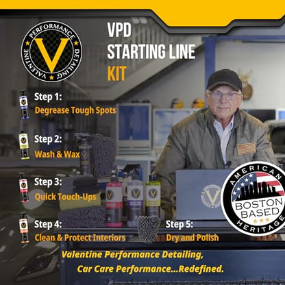 VPD Starting Line Kit - Complete Auto Care Set with Heavy Duty Degreaser, Wash & Wax, Quick Detailer, Interior & Exterior Cleaner, Rubber Vinyl Plastic Reviver, Microfiber Towels, Applicators & Mitts