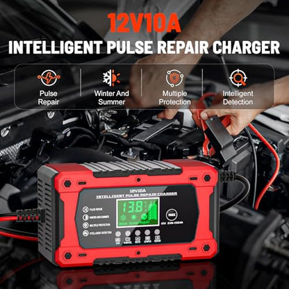 10A 12V Battery Charger for Car Fully Automatic Smart Trickle Charger & Maintainer with LCD Display, Temperature Compensation for Truck, Motorcycle, Boat, Lawn Mower - color: Light Red