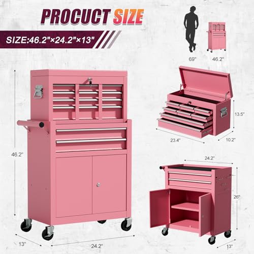 10-Drawer Rolling Tool Chest with Wheels, Rolling Tool Chest Heavy Duty, 2 in 1 Lockable Tool Box with Drawers, High-Capacity Mechanic Tool Organizer, Adjustable Shelf & Detachable Top Cabinet - color: Pink