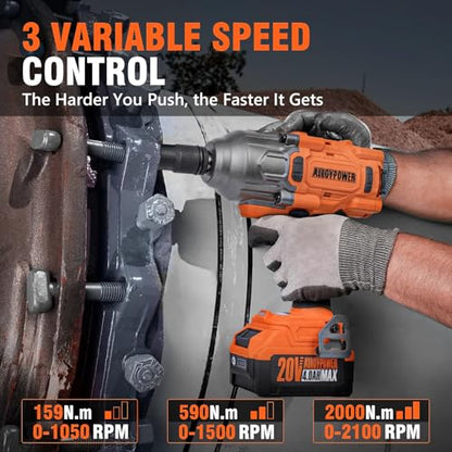 ALLOYPOWER Cordless Brushless Impact Wrench, 1475 ft-lbs (2000N.m), 1/2 High Torque power impact gun, 3-Mode Speed, 2*4000mAh Battery, 3 Sockets, Electric Impact Wrench Set for Car Tire Truck RV Mower
