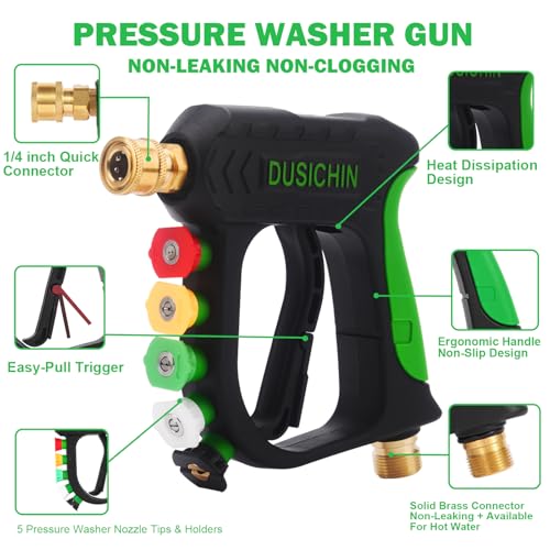 DUSICHIN Pressure Washer Gun Foam Cannon Dual Connector Shift Valve, Car Wash Foam Cannon Kit 1/4 Inch Quick Connector 5 Pressure Washer Nozzle Tips Build-in Design Work with A Pressure Washer DUS2703