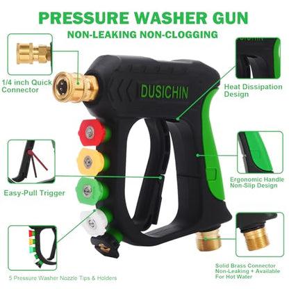 DUSICHIN Pressure Washer Gun Foam Cannon Dual Connector Shift Valve, Car Wash Foam Cannon Kit 1/4 Inch Quick Connector 5 Pressure Washer Nozzle Tips Build-in Design Work with A Pressure Washer DUS2703