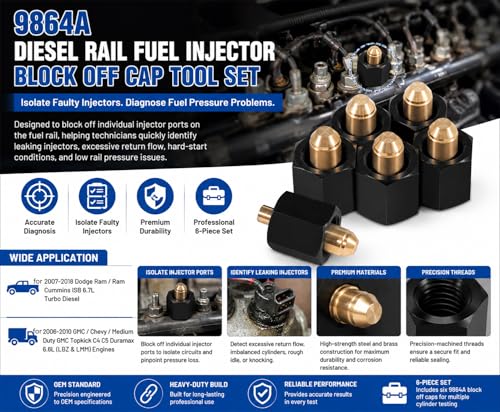 Bonbo 9864A 9864 Diesel Rail Fuel Injector Block Off Cap Tool Set, Fuel Pressure Test Adapter Kit for 2007-2018 Dodge Ram Cummins 6.7L, and 2006-2010 GMC Chevy Duramax 6.6L LBZ LMM, 6-PCS Set