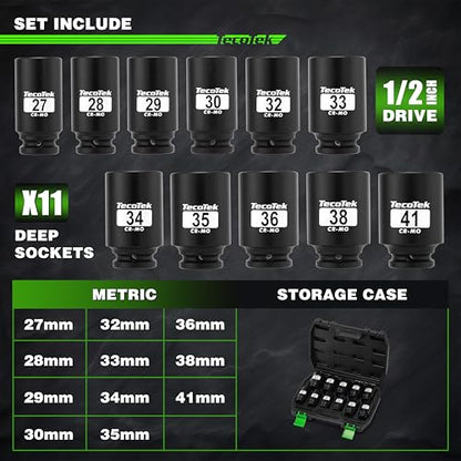 TecoTek 1/2" Drive Deep 6-Point Impact Socket Set, 11-Piece Deep Metric Spindle Axle Nut Impact Socket Set, Cr-Mo, 27mm - 41mm - size: 27mm - 41mm (11PCS)