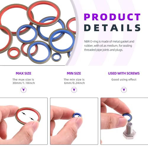 Swpeet 145Pcs 12Sizes 2Colors Self-Centred Dowty Seal Gasket O Ring Kit, Bonded Seal Washer NBR Metric Metal Oil Drain Plug Gasket Kit for Automotive M6 M8 M10 M12 M14 M16 M18 M20 M22 M24 M27 M30