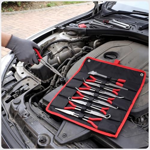9 Piece 11 Inch Long Reach Pliers Set 45° 90° Bent, Circle, Diagonal Carbon Steel Needle Nose Pliers for Narrow Spaces and Limited Areas (Red) - color: Red