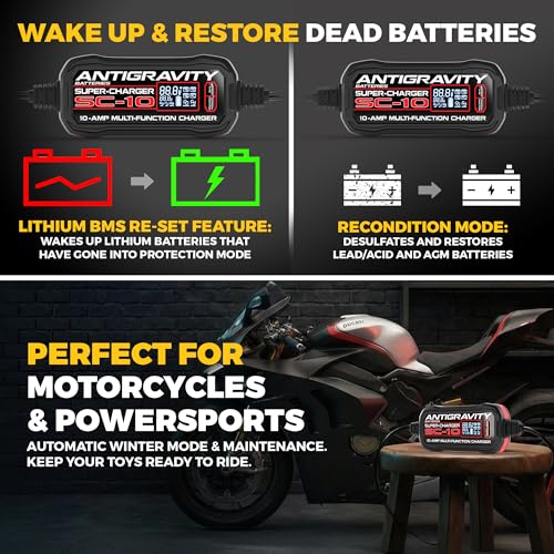 Antigravity SC-10 Super-Charger 10A Smart Battery Charger & Maintainer for 6V/12V Lithium (LiFePO4) & 12V Lead-Acid Batteries – Wall-Powered, LCD Display, Power Supply Mode, BMS Reset
