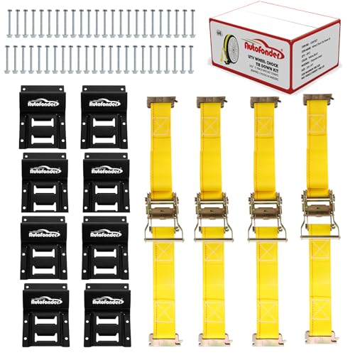 Vehicle Wheel Chock Tie Down kit 4500lb Break Strength-4 Pack 2" x9' E Track Straps-Ultimate Heavy Duty Trailer Tire Strap System for ATV,UTV,Lawn Mower | E-track ratchet straps, 8 steel chocks, bolt-on mount, ATV UTV lawn mower trailer compatible, tire s