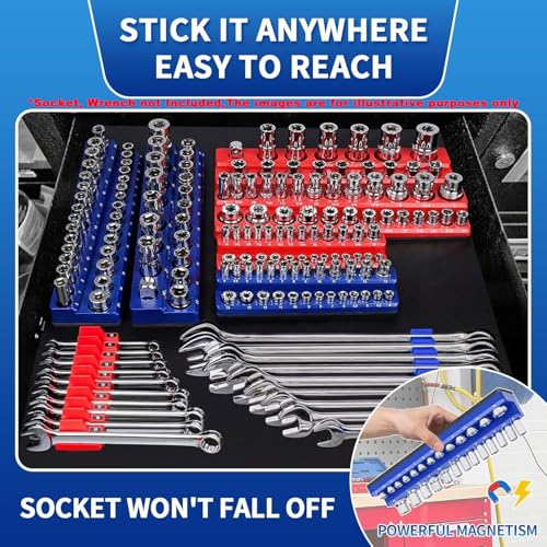 Magnetic Socket Organizer Set, 8PCS Socket Holder with 6 Socket Trays & 2 Wrench Racks, Metric & SAE Tool Box Organizer 1/4", 3/8", 1/2" for Garage, Toolbox, Workbench(Socket, Wrench not Included)