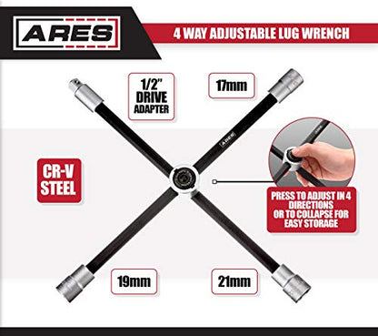 ARES 70092 - 4-Way Sliding Lug Wrench - Adjustable Sliding Lug Wrench Gives Superior Leverage - Collapses for Convenient Storage - size: 4-Way Sliding Lug Wrench