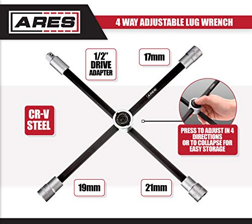 ARES 70092 - 4-Way Sliding Lug Wrench - Adjustable Sliding Lug Wrench Gives Superior Leverage - Collapses for Convenient Storage - size: 4-Way Sliding Lug Wrench