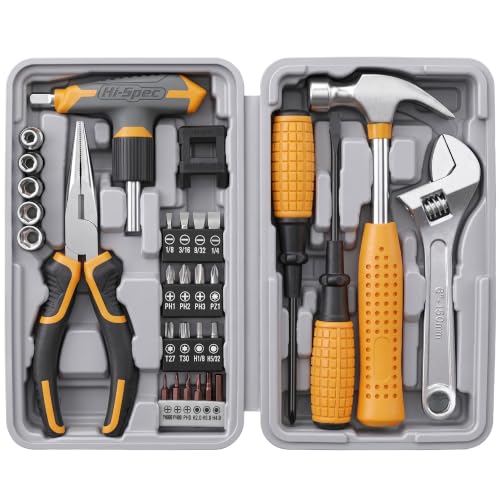 Hi-Spec Magnetic T-Handle Ratchet Wrench and Screwdriver Set with Toolbox | 30pc, socket and wrench coverage, roadside fixes, organized box, garage maintenance help, bike and vehicle tasks, quick setup - color: Yellow